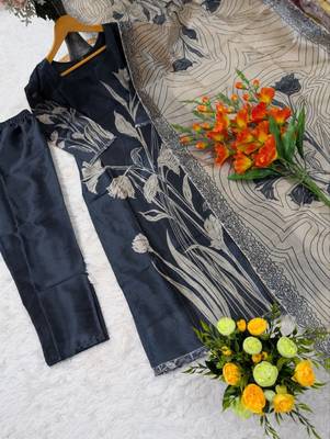  navy blue floral printed assam silk blend kurti set  2