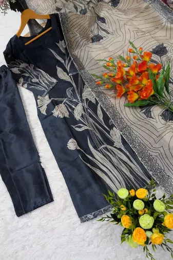  navy blue floral printed assam silk blend kurti set 