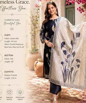  navy blue floral printed assam silk blend kurti set  2