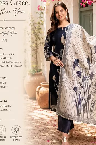  navy blue floral printed assam silk blend kurti set 
