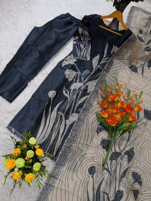  navy blue floral printed assam silk blend kurti set  3