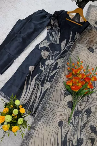  navy blue floral printed assam silk blend kurti set 