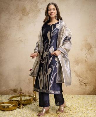  navy blue floral printed assam silk blend kurti set  3