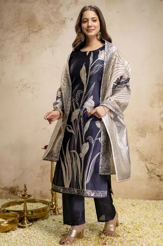  navy blue floral printed assam silk blend kurti set 