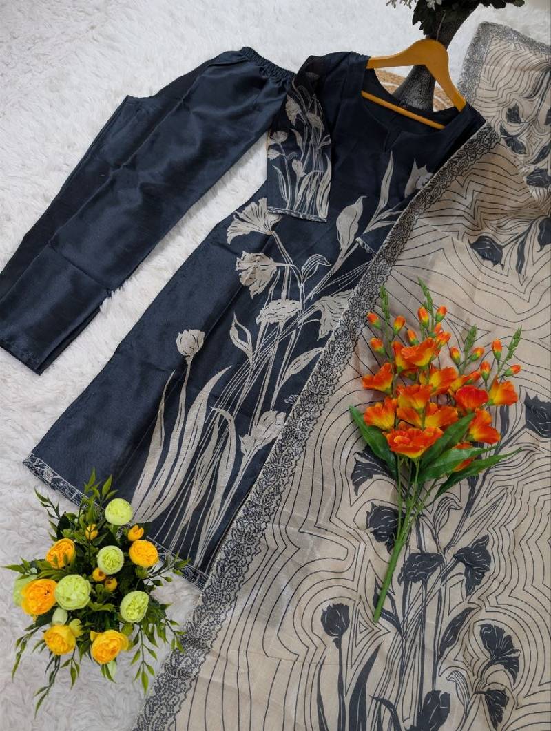  navy blue floral printed assam silk blend kurti set 