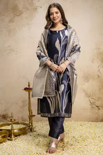  navy blue floral printed assam silk blend kurti set 
