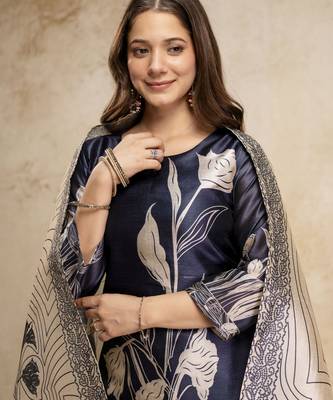  navy blue floral printed assam silk blend kurti set  5