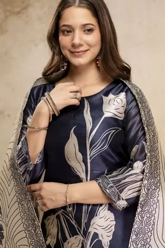  navy blue floral printed assam silk blend kurti set 