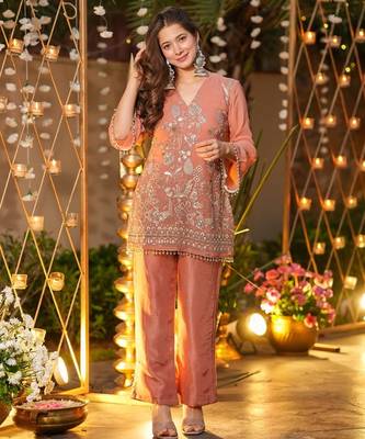  blush pink crunchy silk blend embroidered kurta set 1