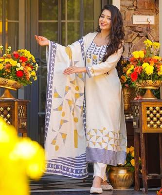  white printed muslin kurta set with dupatta for women 1