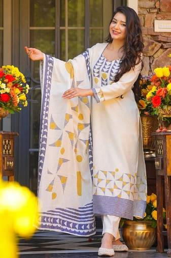  white printed muslin kurta set with dupatta for women