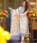  white printed muslin kurta set with dupatta for women