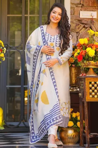  white printed muslin kurta set with dupatta for women