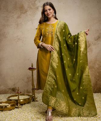  mustard silk blend embroidered kurta set women with dupatta pant 1
