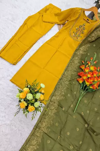  mustard silk blend embroidered kurta set women with dupatta pant