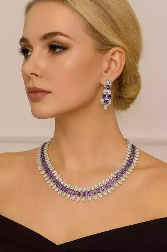 Amethyst CZ Bridal Necklace Earring Set