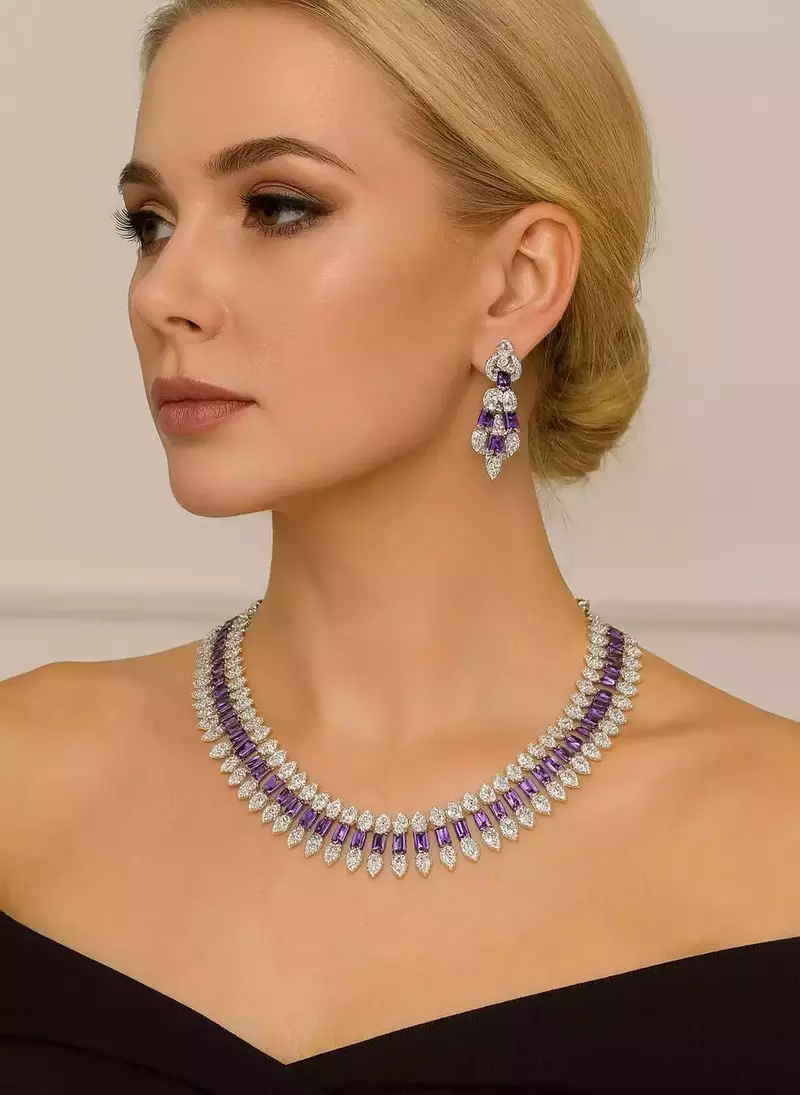Amethyst CZ Bridal Necklace Earring Set