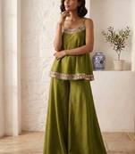 Lime green palazzo set with mirror-work detailing.