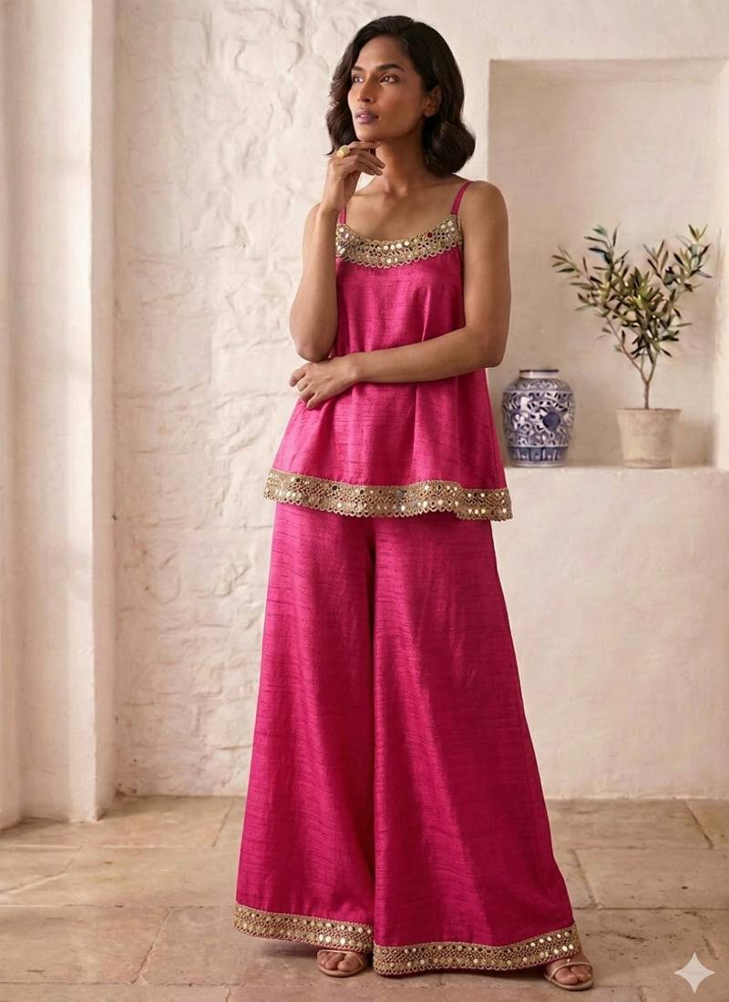 hot pink palazzo set with mirror-work detailing.