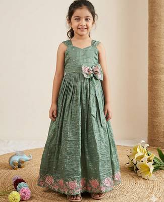  kids girls lavender crinkled silk ethnic gown with floral border and waist bow accent 1