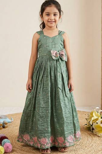New kids girls premium lavender crinkled silk ethnic gown with floral border and waist bow accent