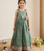 New kids girls premium lavender crinkled silk ethnic gown with floral border and waist bow accent