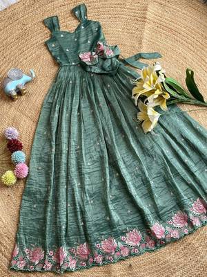  kids girls lavender crinkled silk ethnic gown with floral border and waist bow accent 4