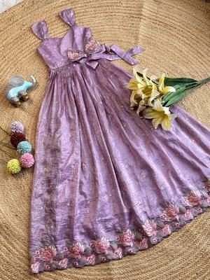 New trendy girls elegant white crinkled ethnic gown with pink lotus border and stylish waist bow 1