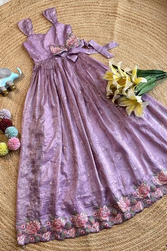 New trendy girls elegant white crinkled ethnic gown with pink lotus border and stylish waist bow