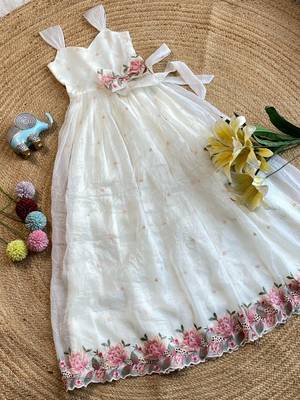 New latest girls sage green crinkled silk festive gown with handcrafted bow and lotus cutwork border 1