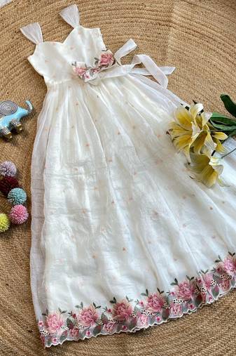 New latest girls sage green crinkled silk festive gown with handcrafted bow and lotus cutwork border