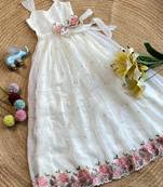 New latest girls sage green crinkled silk festive gown with handcrafted bow and lotus cutwork border