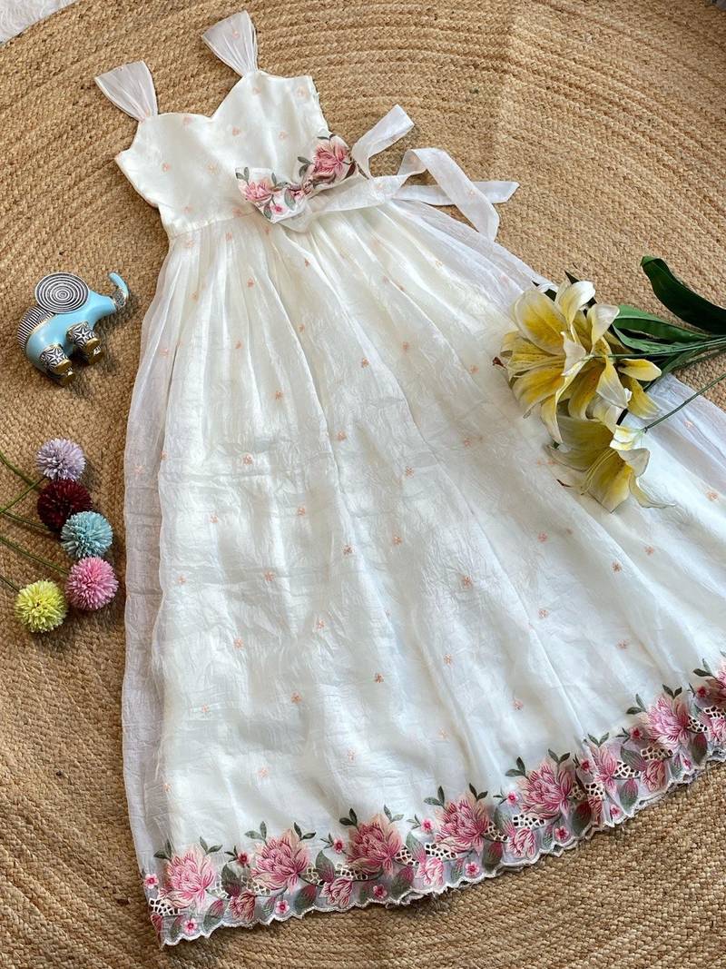 New latest girls sage green crinkled silk festive gown with handcrafted bow and lotus cutwork border