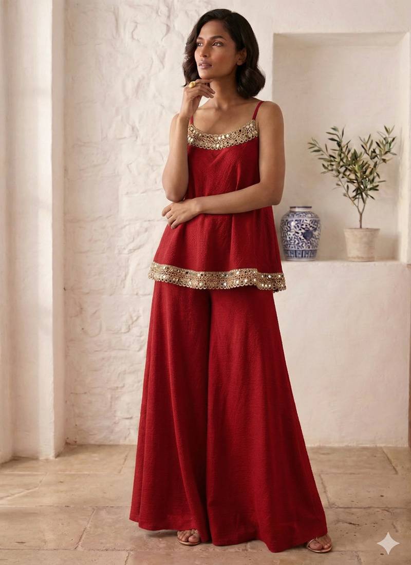 Red palazzo set with mirror-work detailing.