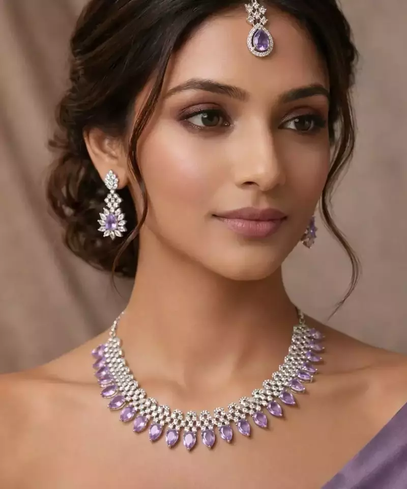 Lavender Amethyst CZ Bridal Set with Maang Tikka
