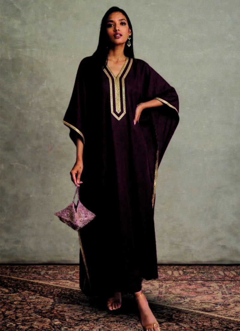 Dark wine kaftan set with lace work