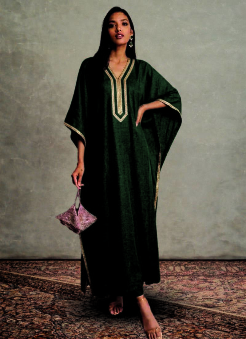 Dark green kaftan set with lace work