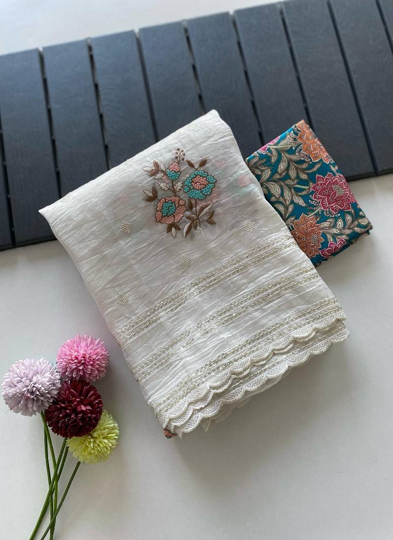 White embroidery Work Saree 