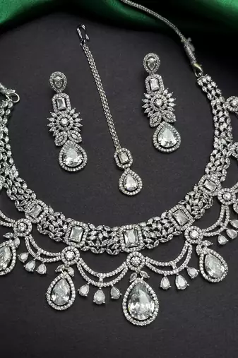 Silver CZ Bridal Choker Set with Maang Tikka