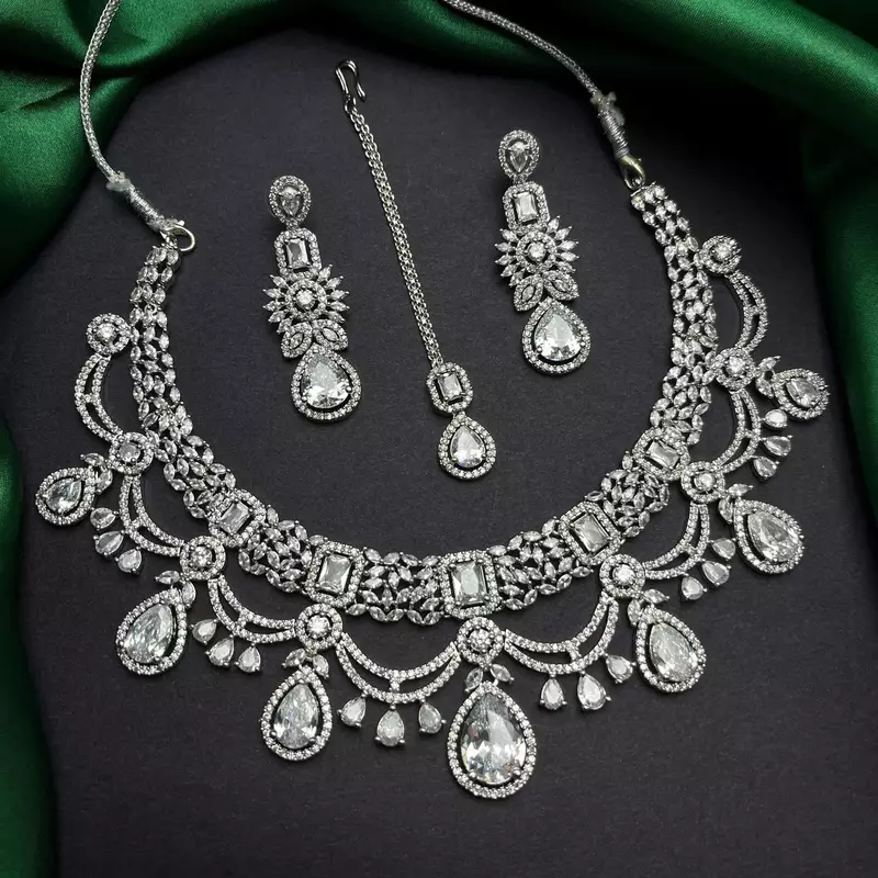 Silver CZ Bridal Choker Set with Maang Tikka