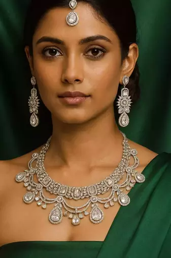 Silver CZ Bridal Choker Set with Maang Tikka