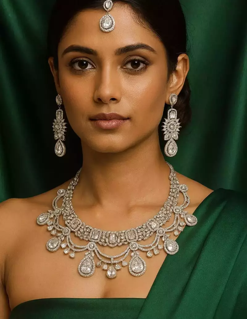Silver CZ Bridal Choker Set with Maang Tikka