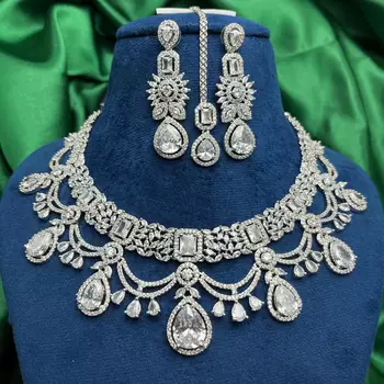Silver CZ Bridal Choker Set with Maang Tikka 1