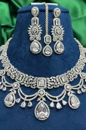Silver CZ Bridal Choker Set with Maang Tikka