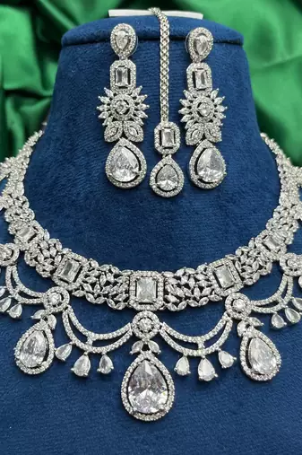 Silver CZ Bridal Choker Set with Maang Tikka