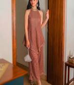 Peach halter neck asymmetric tunic set