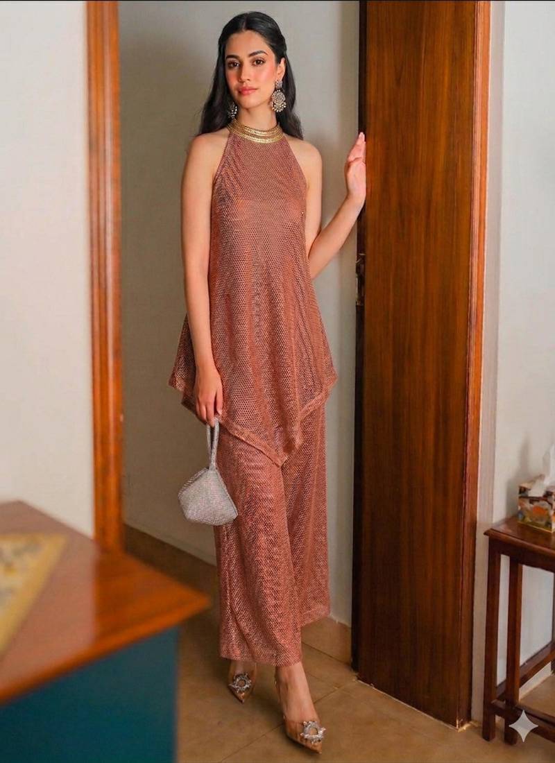 Peach halter neck asymmetric tunic set