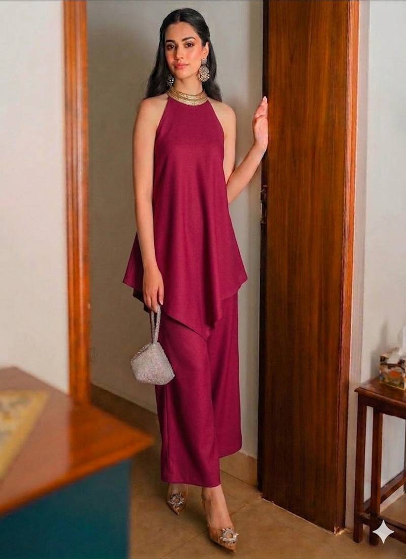 Rani pink halter neck asymmetric tunic set