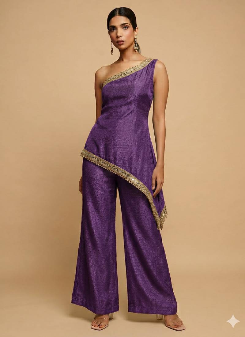 Purple one-shoulder fusion set