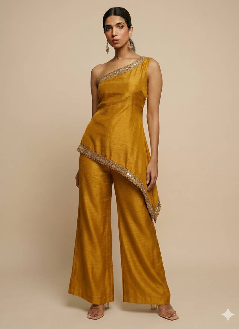 Mustard one-shoulder fusion set